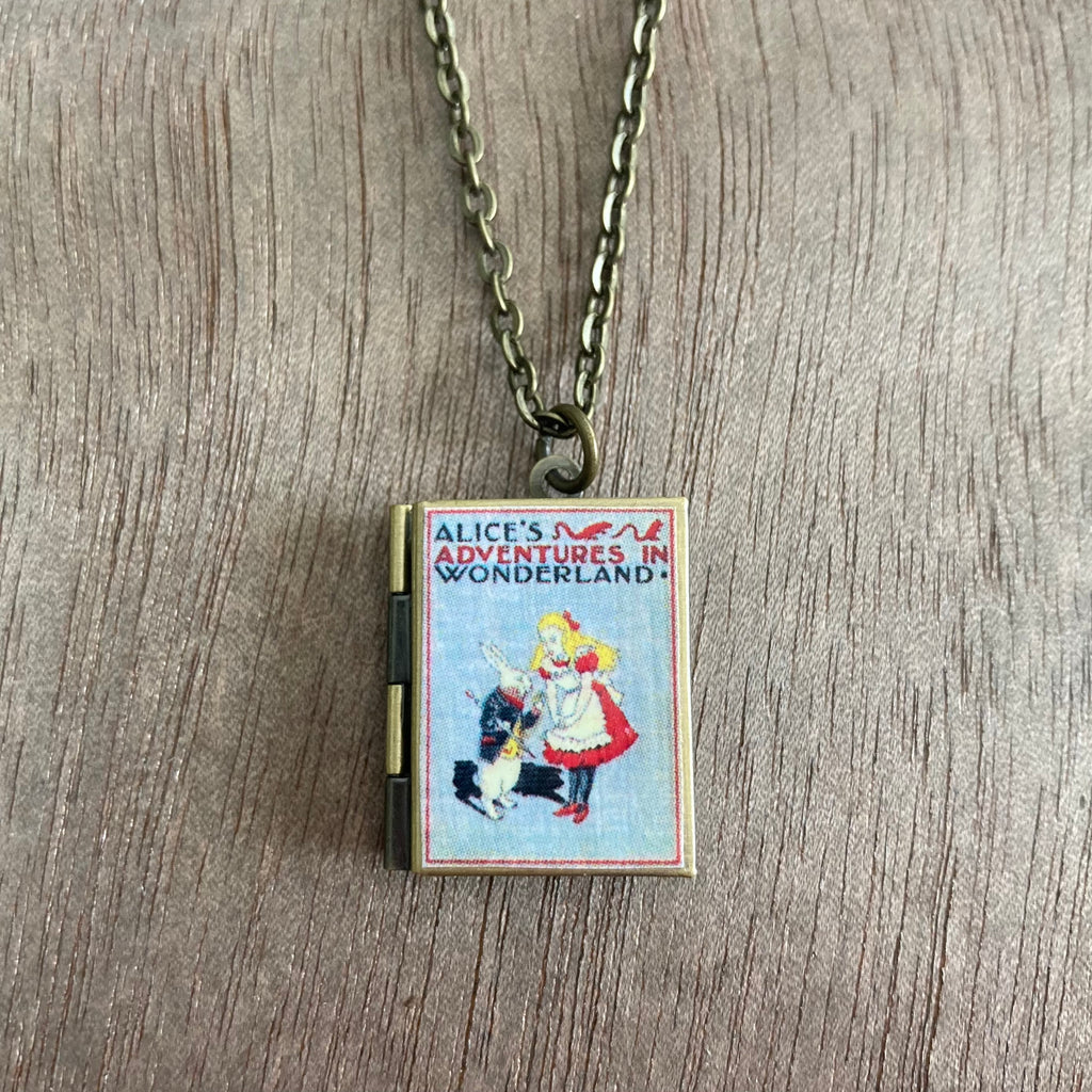 Alice In Wonderland Storybook Locket Necklace- Gray with Rabbit