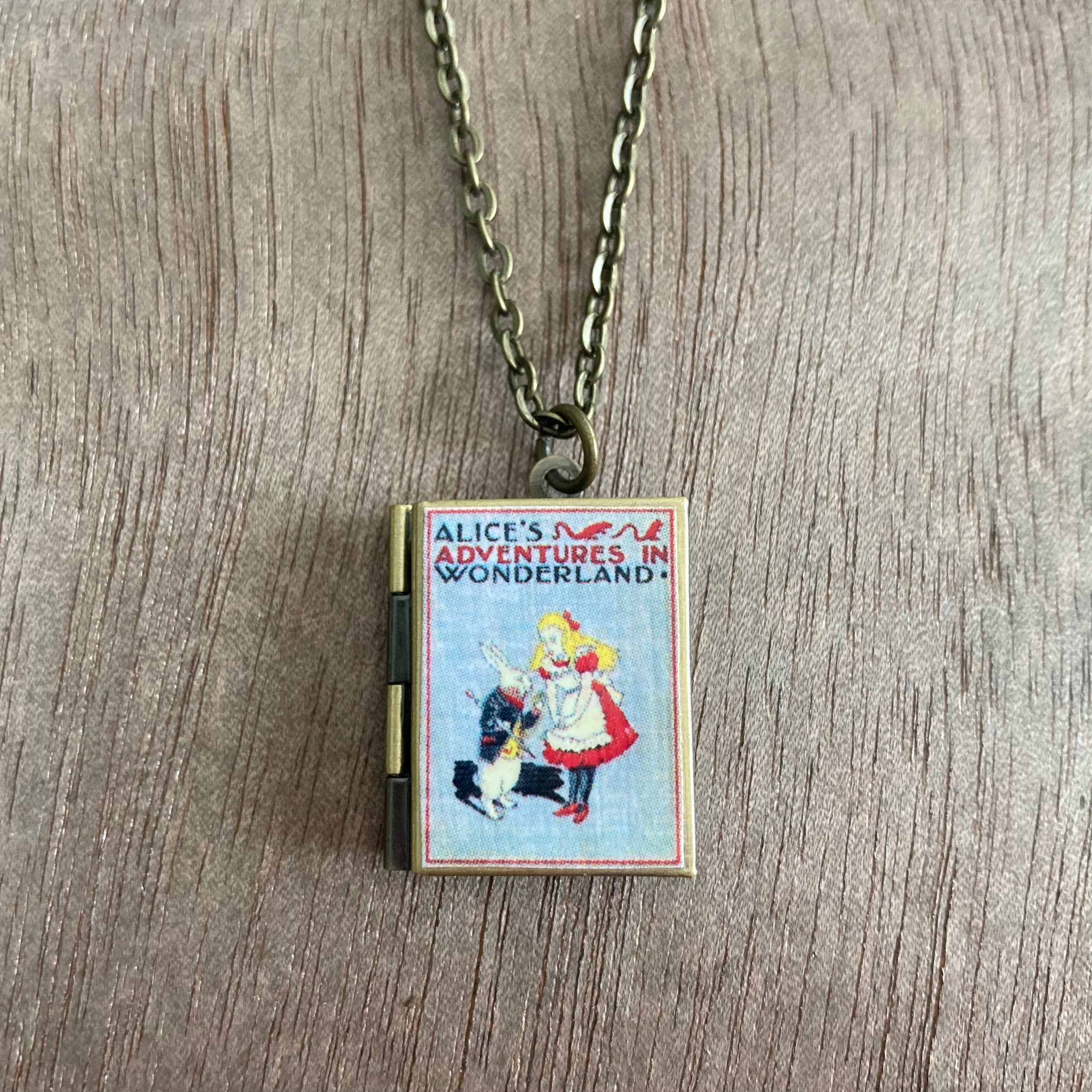 Alice In Wonderland Storybook Locket Necklace- Gray with Rabbit