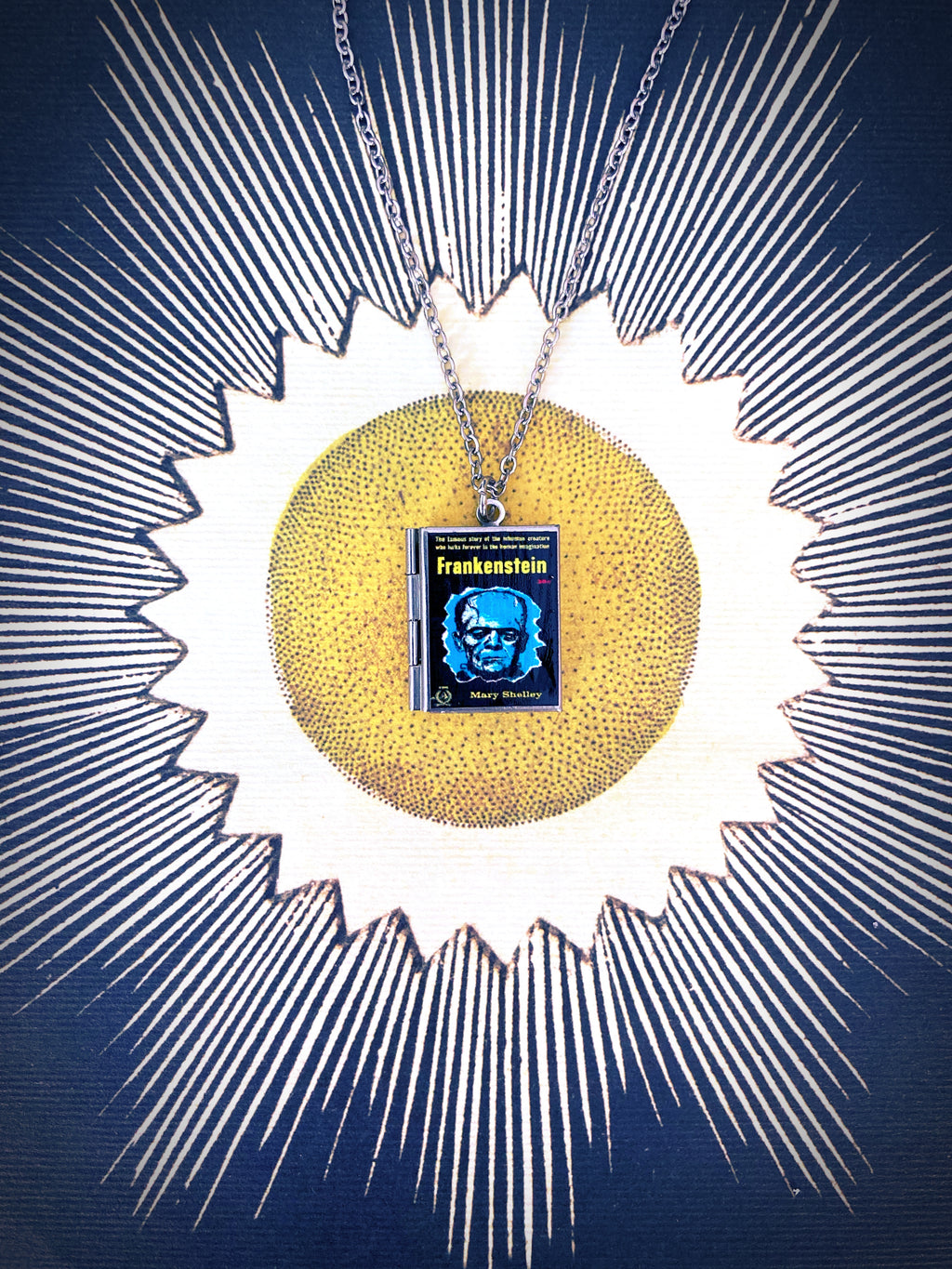Frankenstein Storybook Locket Necklace- Blue Potrait