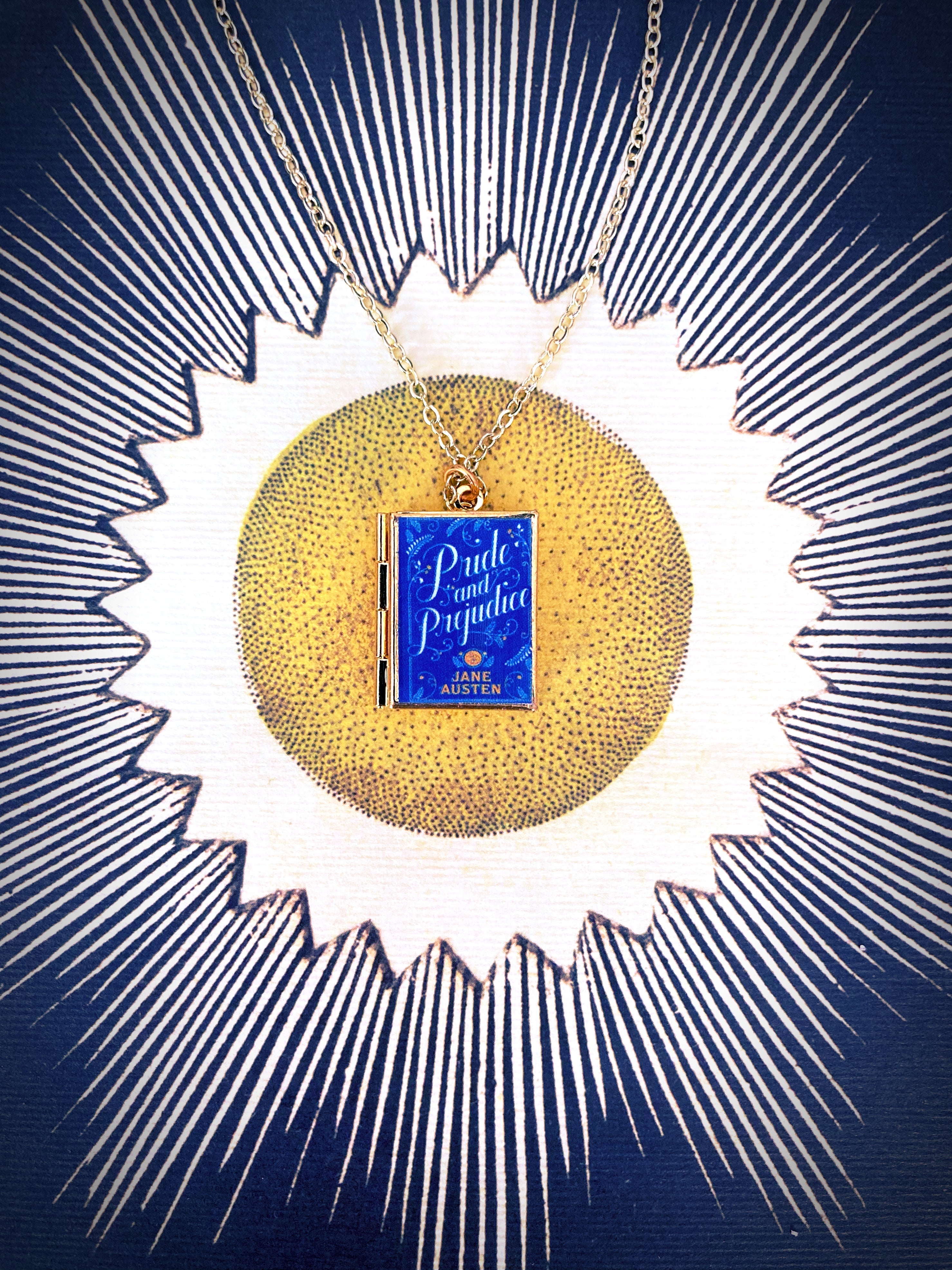 Pride and Prejudice Storybook Locket Necklace- Blue Filagree