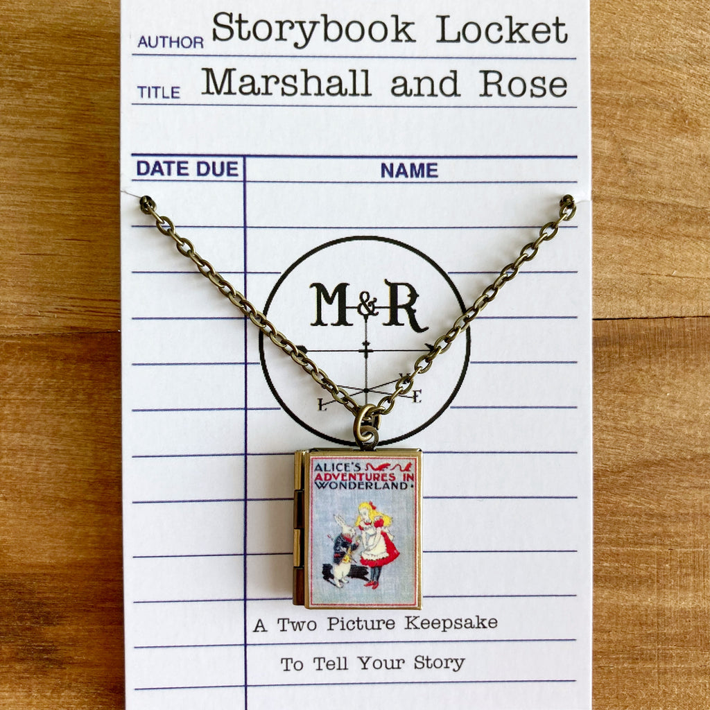 B Rabbit Image Marshal Alice In Wonderland Storybook Locket Necklace- Gray with Rabbit ...