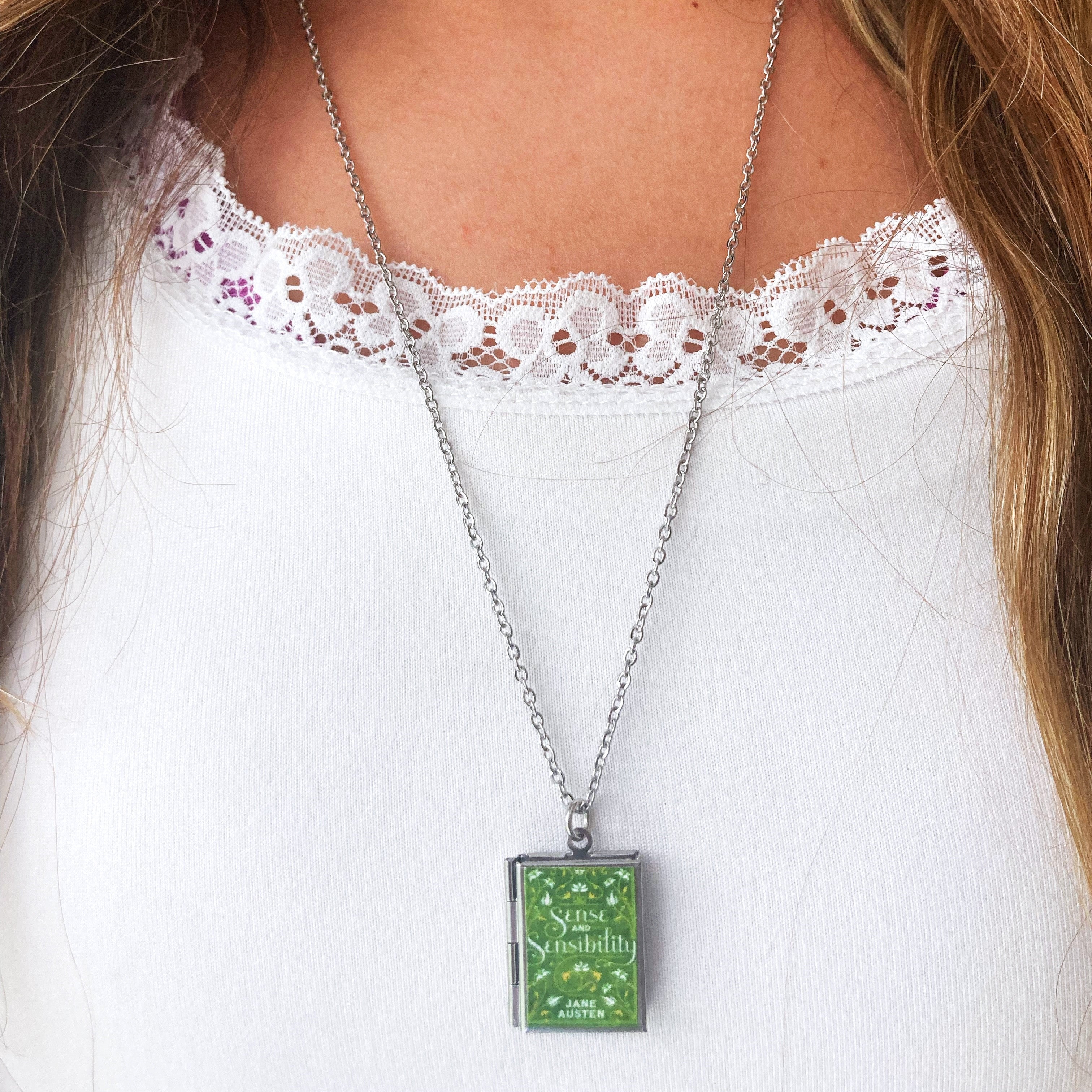 Sense and Sensibility Storybook Locket Necklace- Light Green Filagree
