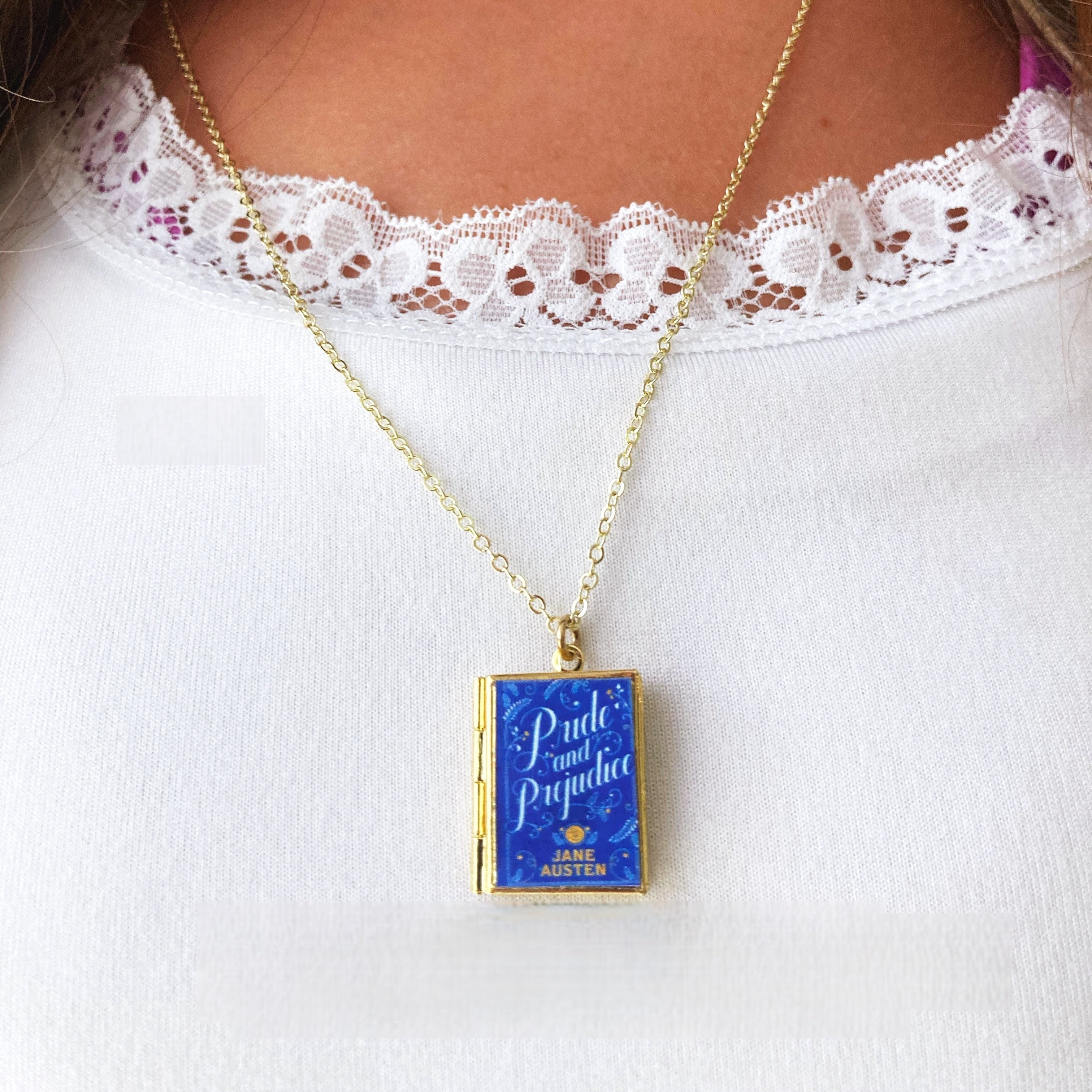Pride and Prejudice Storybook Locket Necklace- Blue Filagree