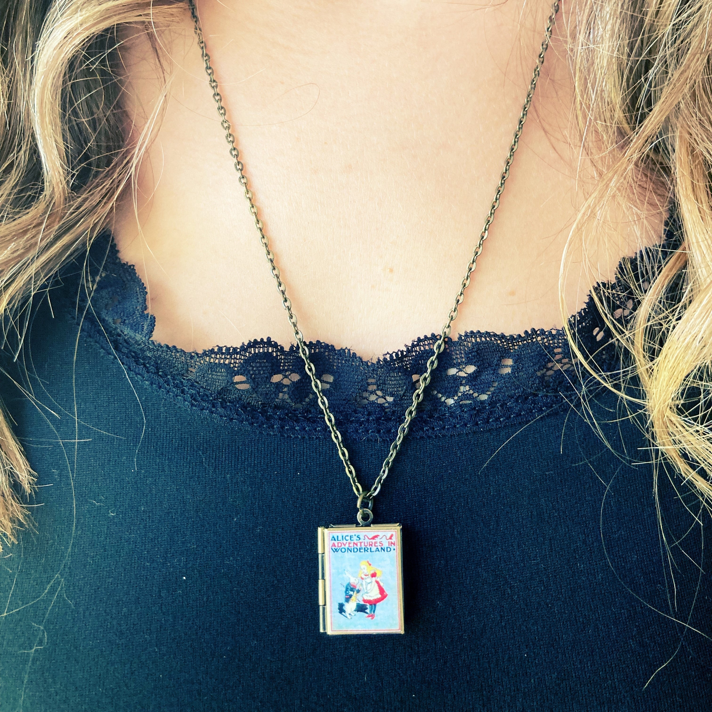 Alice In Wonderland Storybook Locket Necklace- Gray with Rabbit