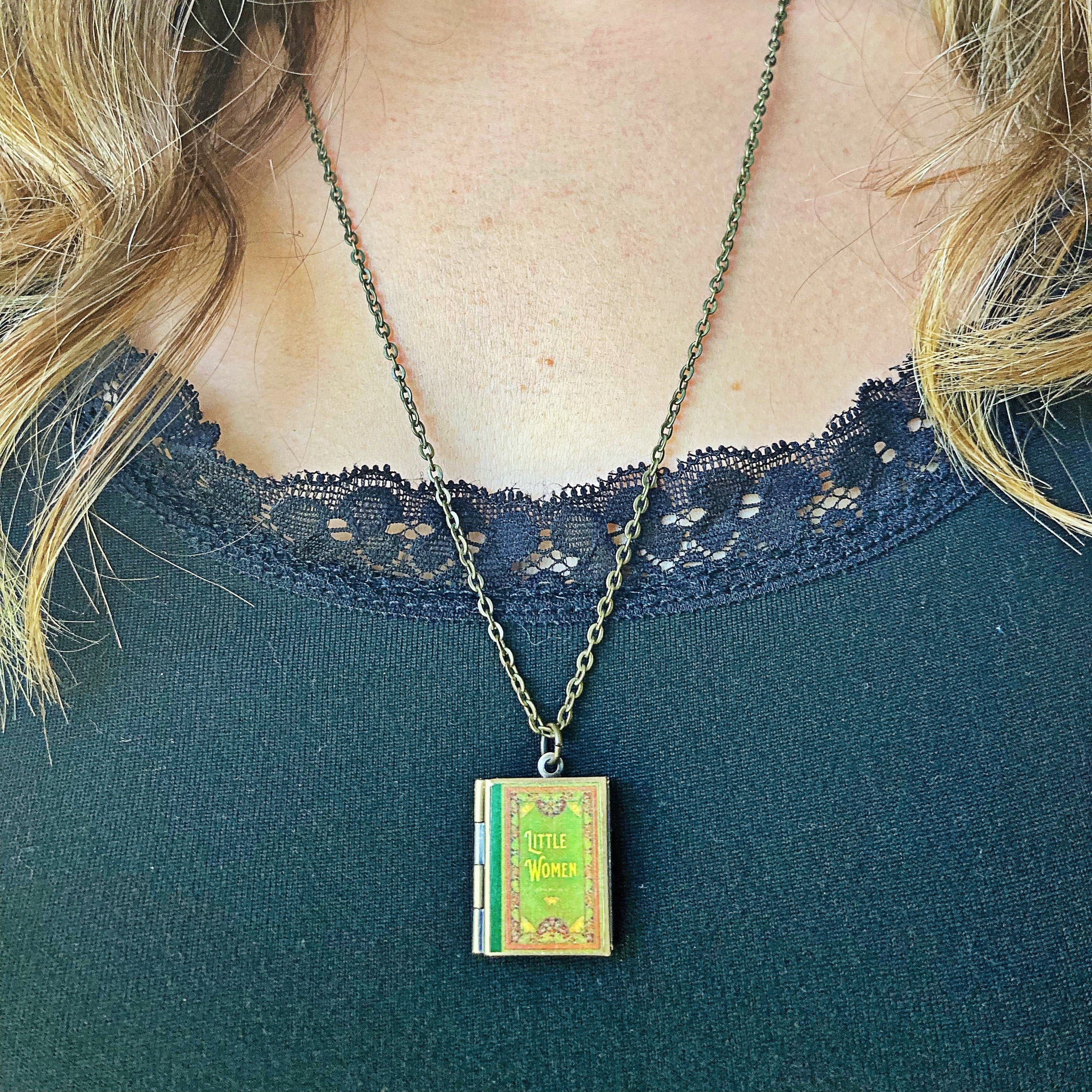 Little Women Storybook Locket Necklace- Green Filagree